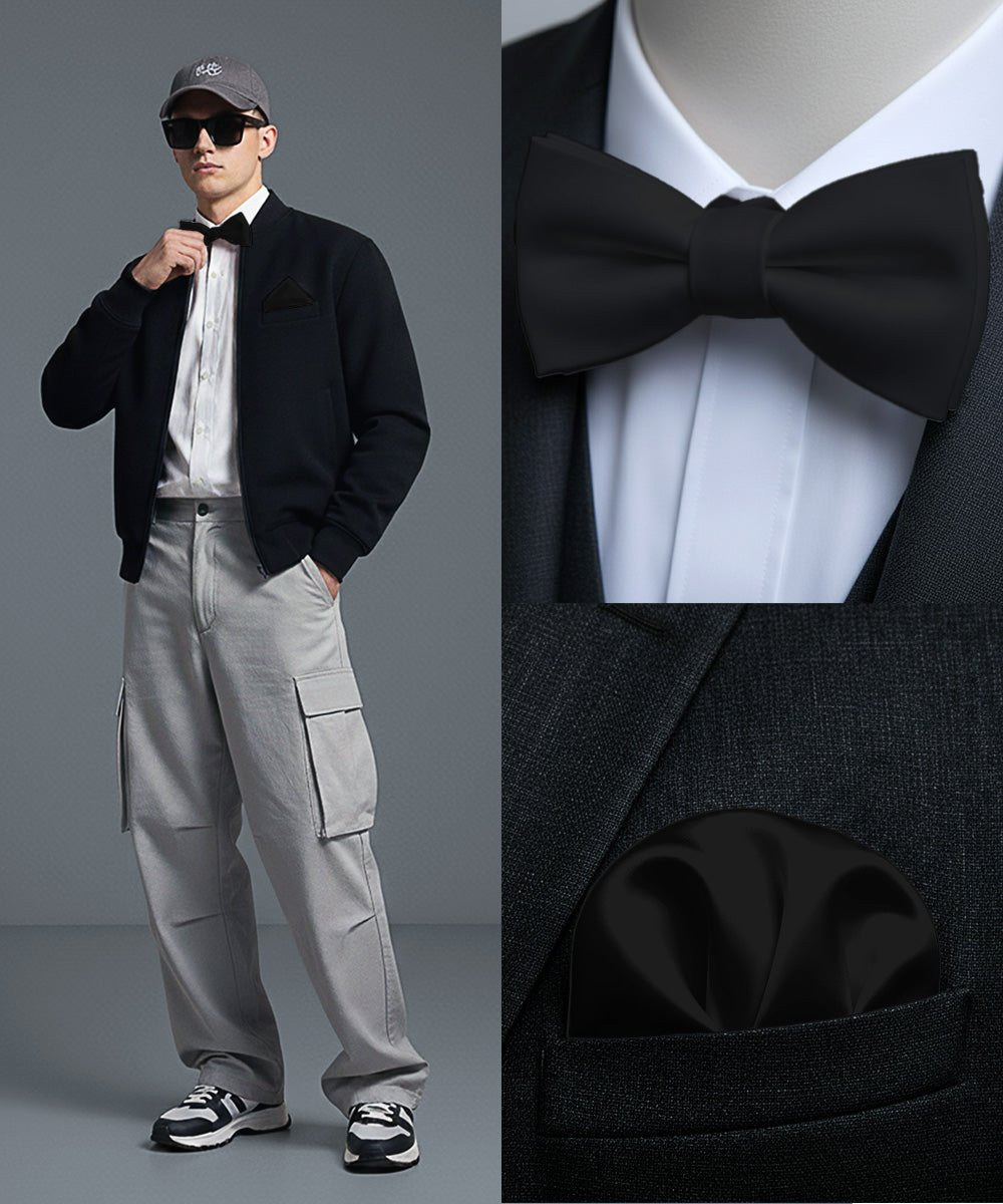 Vittorio Farina Men's Satin Self Tie Bow Tie & Pocket Square in Gift Box - Black - Bow Tie & Pocket Square - Vittorio Farina