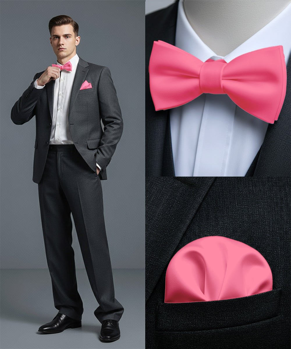 Vittorio Farina Men's Satin Self Tie Bow Tie & Pocket Square in Gift Box - Bubble Gum Pink - Bow Tie & Pocket Square - Vittorio Farina
