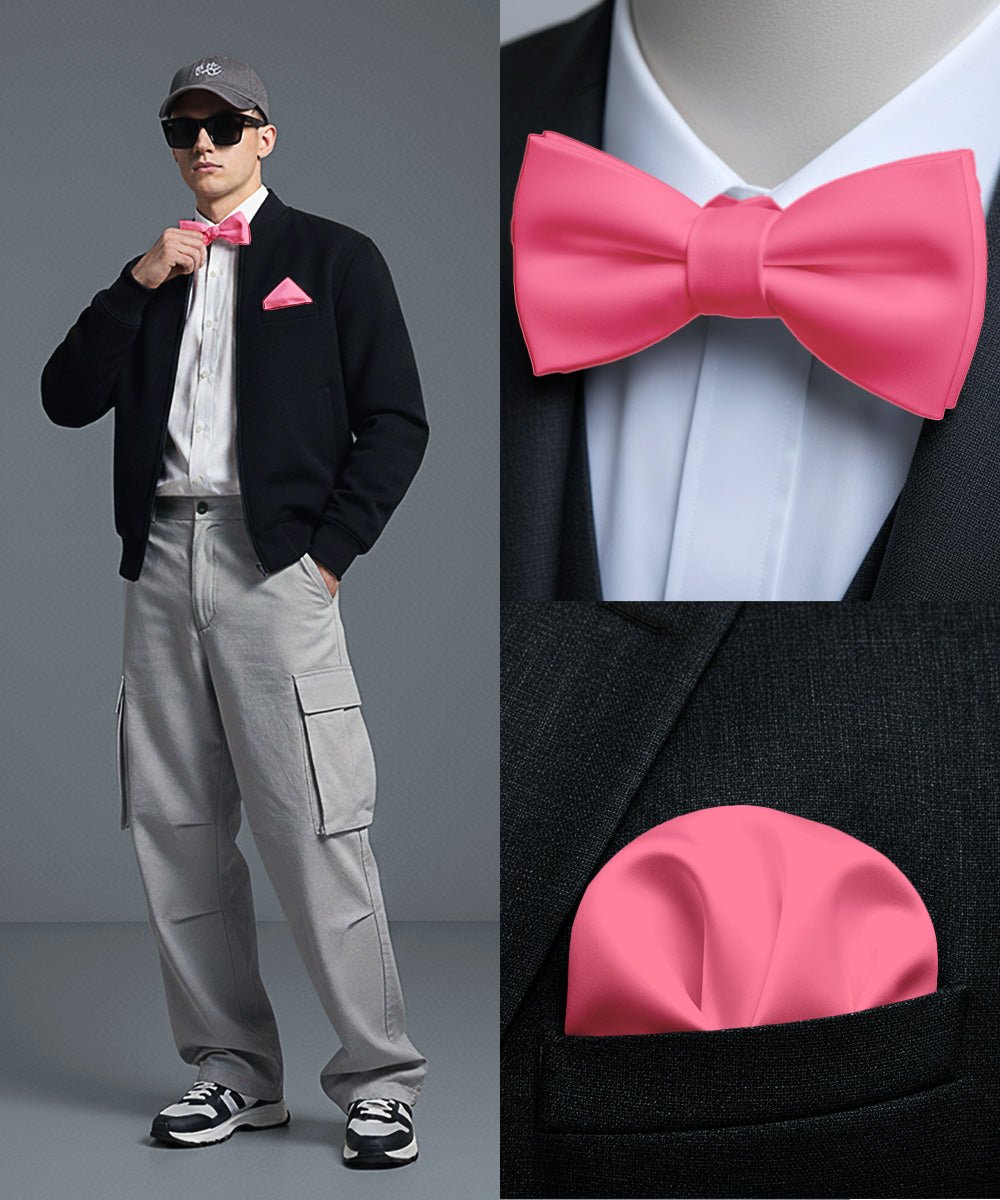 Vittorio Farina Men's Satin Self Tie Bow Tie & Pocket Square in Gift Box - Bubble Gum Pink - Bow Tie & Pocket Square - Vittorio Farina