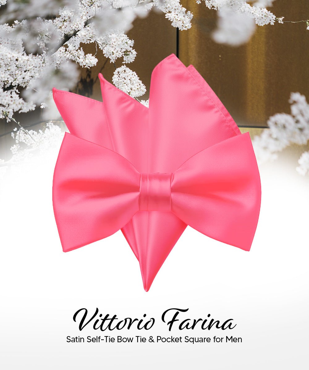 Vittorio Farina Men's Satin Self Tie Bow Tie & Pocket Square in Gift Box - Bubble Gum Pink - Bow Tie & Pocket Square - Vittorio Farina
