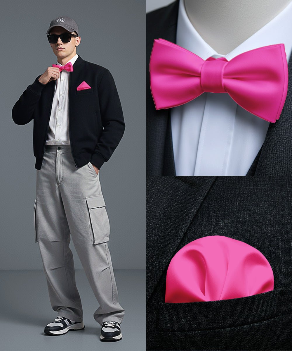 Vittorio Farina Men's Satin Self Tie Bow Tie & Pocket Square in Gift Box - Hot Pink - Bow Tie & Pocket Square - Vittorio Farina