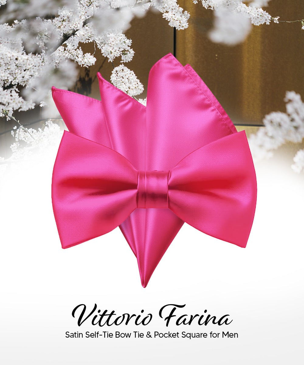 Vittorio Farina Men's Satin Self Tie Bow Tie & Pocket Square in Gift Box - Hot Pink - Bow Tie & Pocket Square - Vittorio Farina
