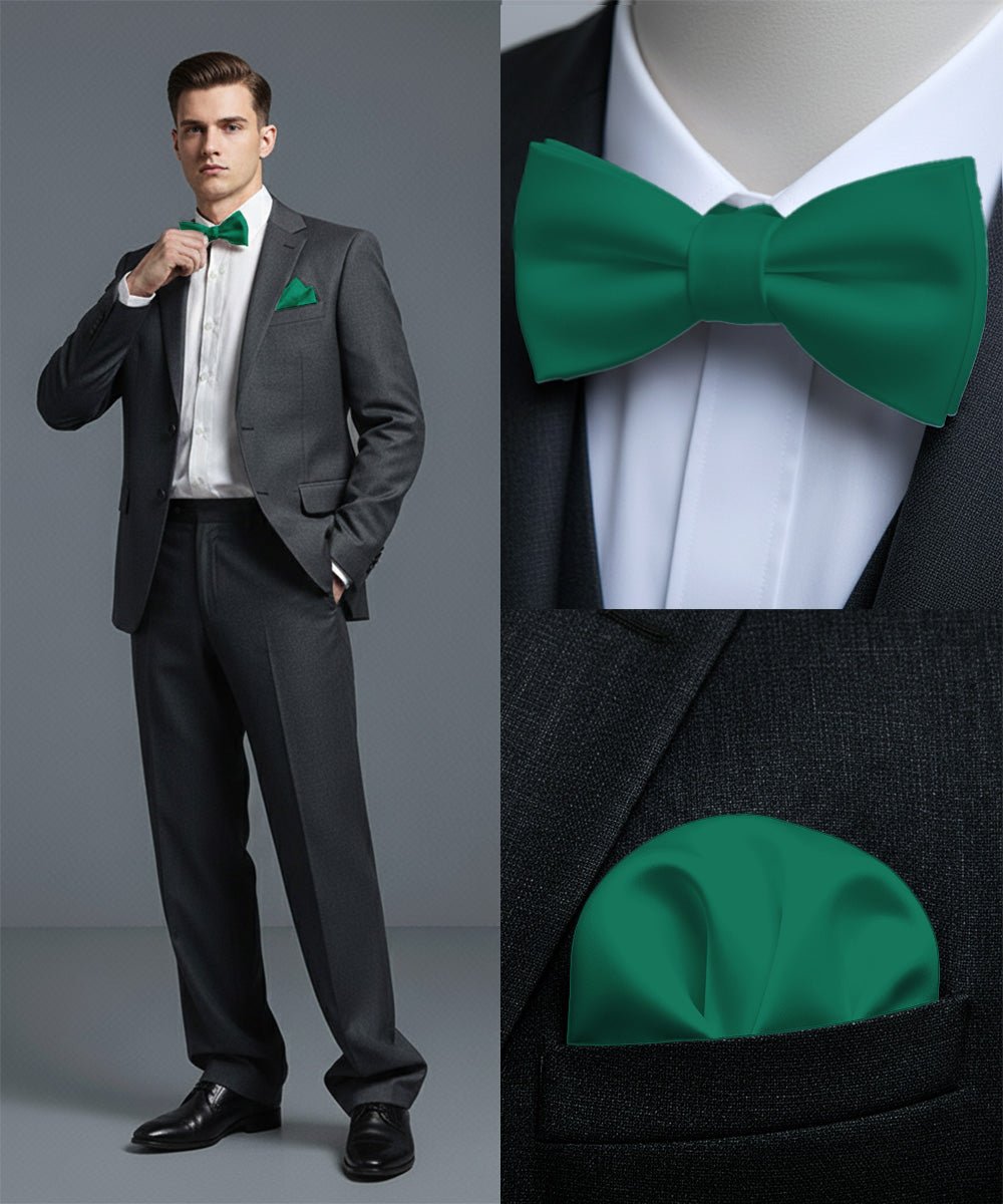 Vittorio Farina Men's Satin Self Tie Bow Tie & Pocket Square in Gift Box - Hunter Green - Bow Tie & Pocket Square - Vittorio Farina