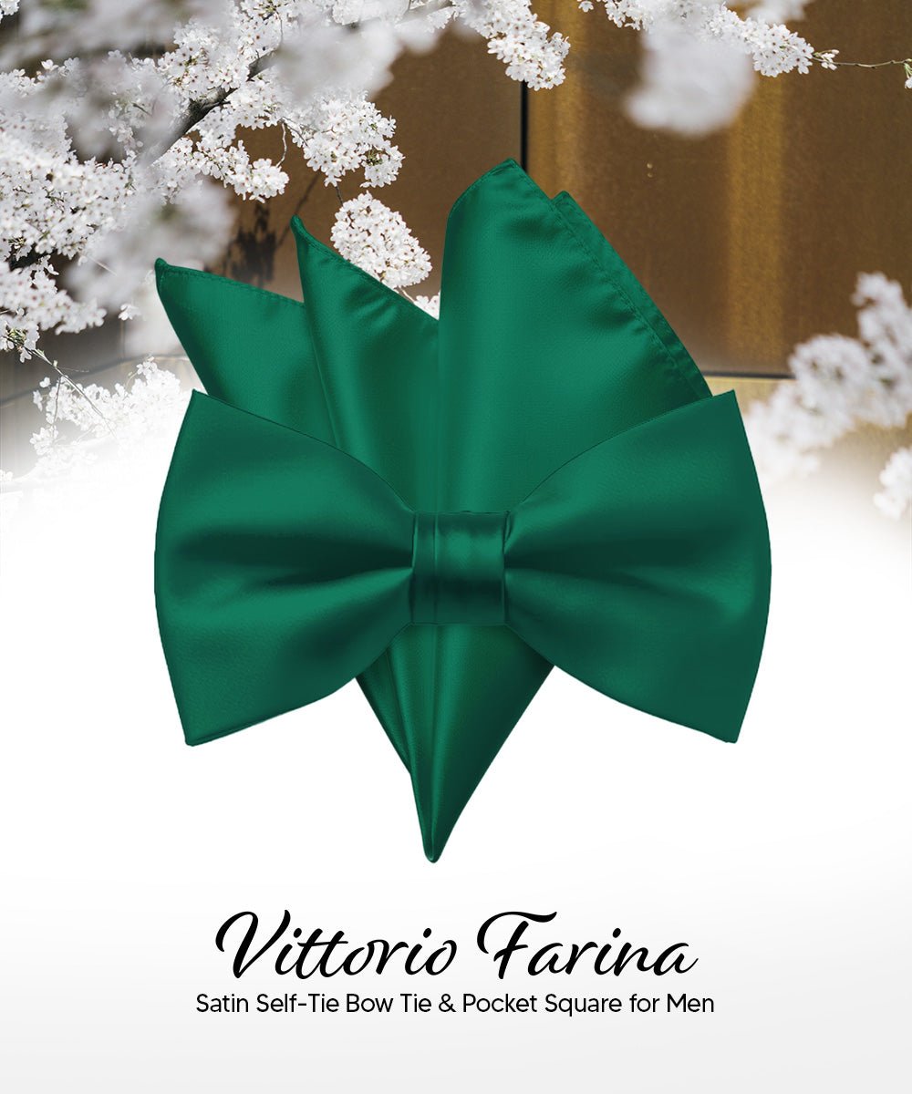 Vittorio Farina Men's Satin Self Tie Bow Tie & Pocket Square in Gift Box - Hunter Green - Bow Tie & Pocket Square - Vittorio Farina
