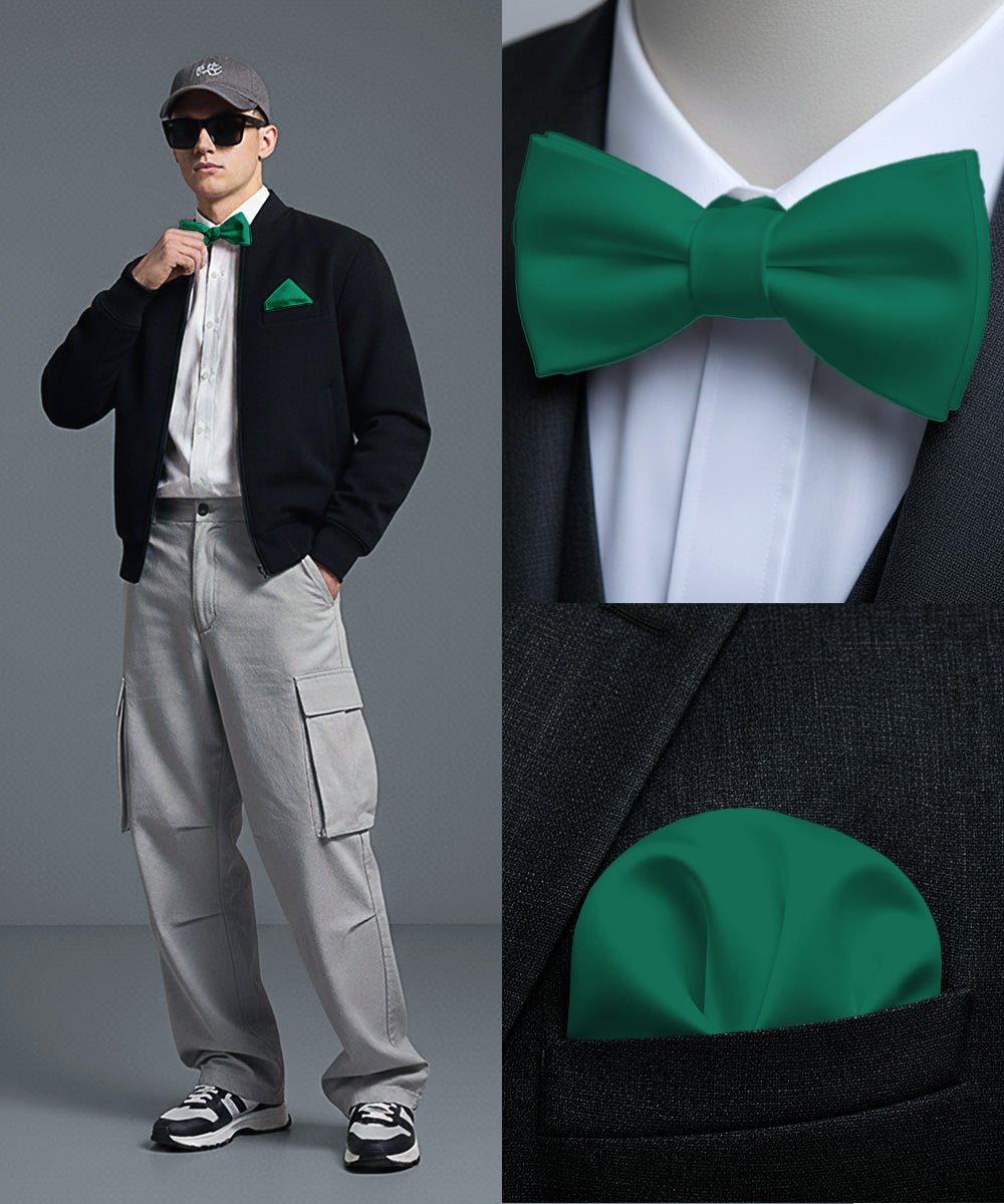 Vittorio Farina Men's Satin Self Tie Bow Tie & Pocket Square in Gift Box - Hunter Green - Bow Tie & Pocket Square - Vittorio Farina