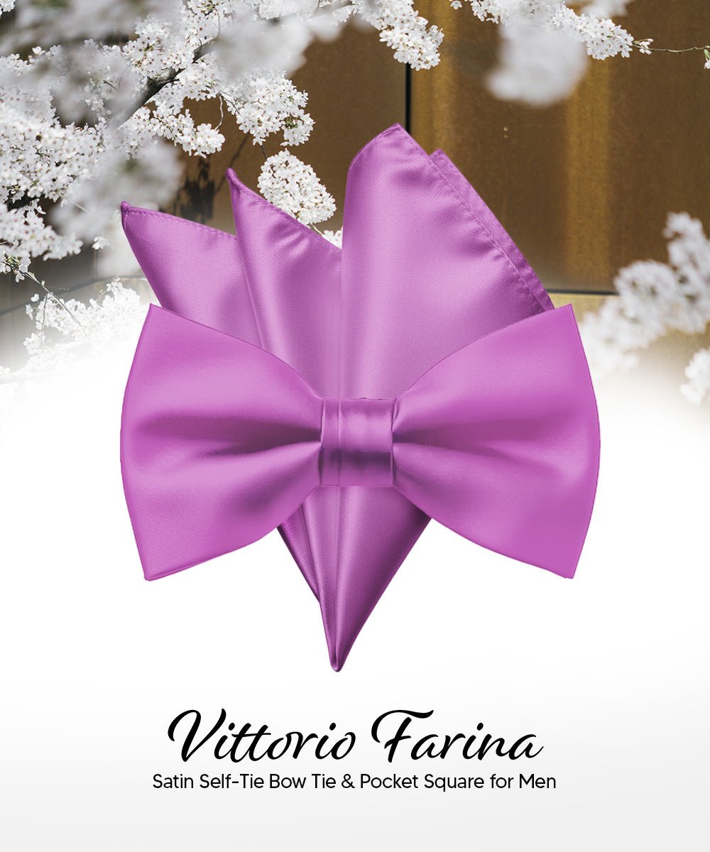 Vittorio Farina Men's Satin Self Tie Bow Tie & Pocket Square in Gift Box - Lavender - Bow Tie & Pocket Square - Vittorio Farina