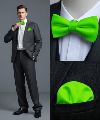 Vittorio Farina Men's Satin Self Tie Bow Tie & Pocket Square in Gift Box - Lime Green - Bow Tie & Pocket Square - Vittorio Farina