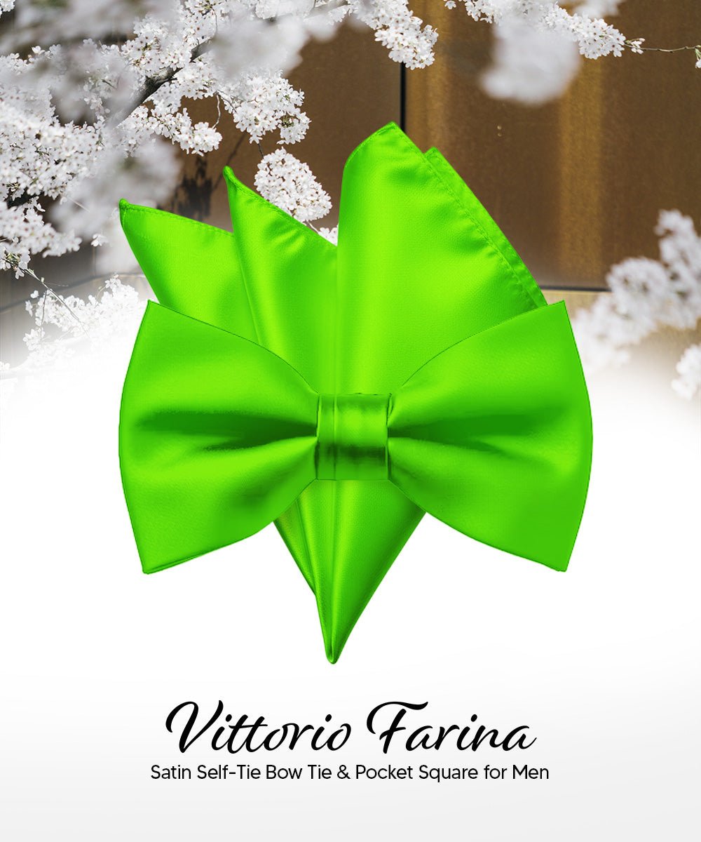 Vittorio Farina Men's Satin Self Tie Bow Tie & Pocket Square in Gift Box - Lime Green - Bow Tie & Pocket Square - Vittorio Farina