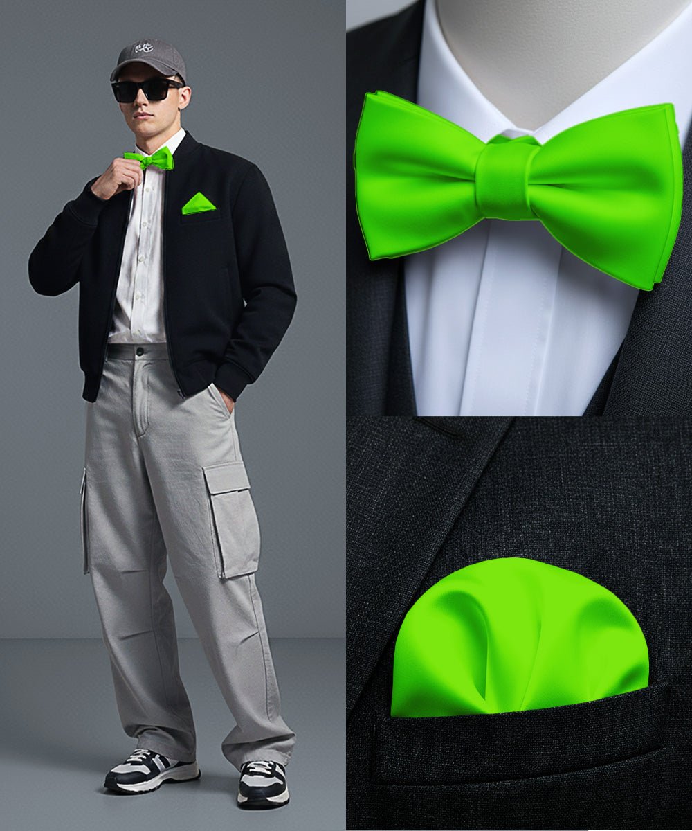 Vittorio Farina Men's Satin Self Tie Bow Tie & Pocket Square in Gift Box - Lime Green - Bow Tie & Pocket Square - Vittorio Farina