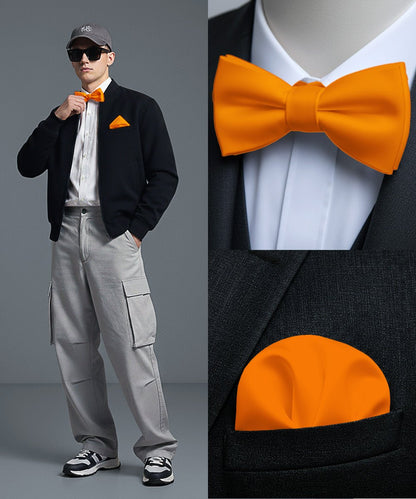 Vittorio Farina Men's Satin Self Tie Bow Tie & Pocket Square in Gift Box - Orange - Bow Tie & Pocket Square - Vittorio Farina