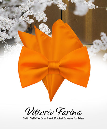 Vittorio Farina Men's Satin Self Tie Bow Tie & Pocket Square in Gift Box - Orange - Bow Tie & Pocket Square - Vittorio Farina