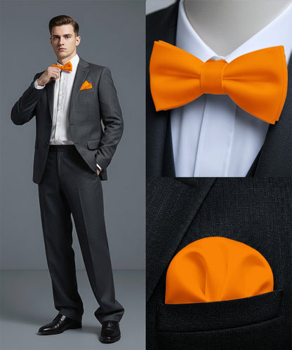 Vittorio Farina Men's Satin Self Tie Bow Tie & Pocket Square in Gift Box - Orange - Bow Tie & Pocket Square - Vittorio Farina