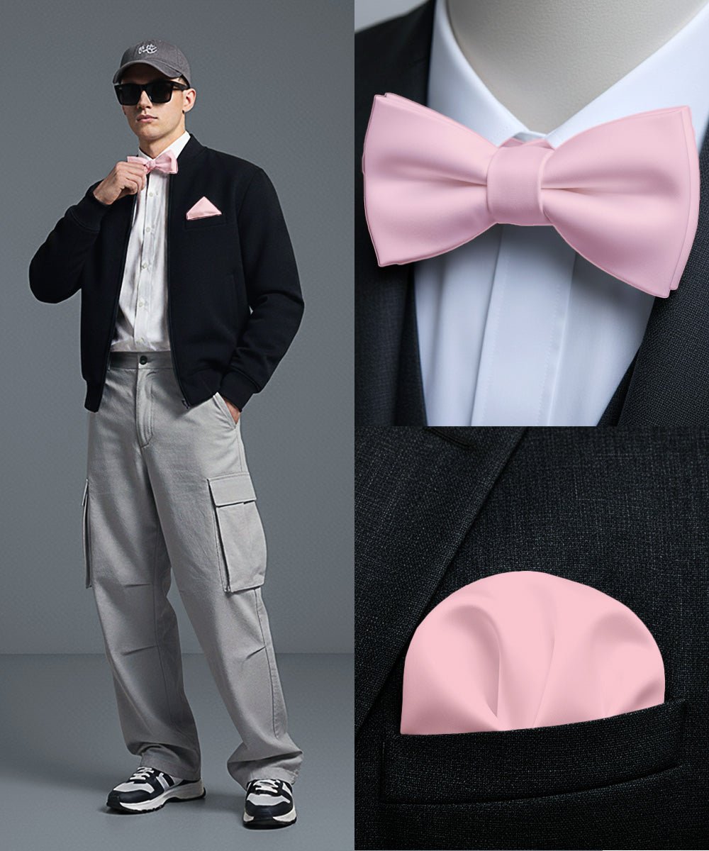 Vittorio Farina Men's Satin Self Tie Bow Tie & Pocket Square in Gift Box - Pink - Bow Tie & Pocket Square - Vittorio Farina