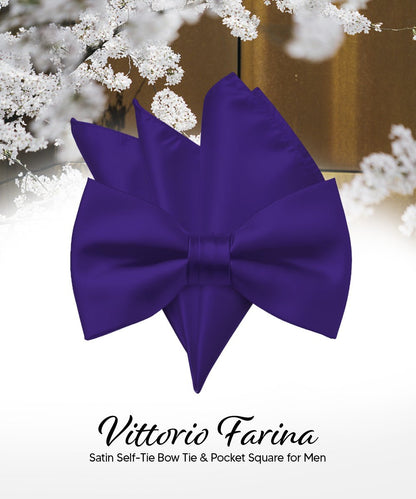 Vittorio Farina Men's Satin Self Tie Bow Tie & Pocket Square in Gift Box - Purple - Bow Tie & Pocket Square - Vittorio Farina