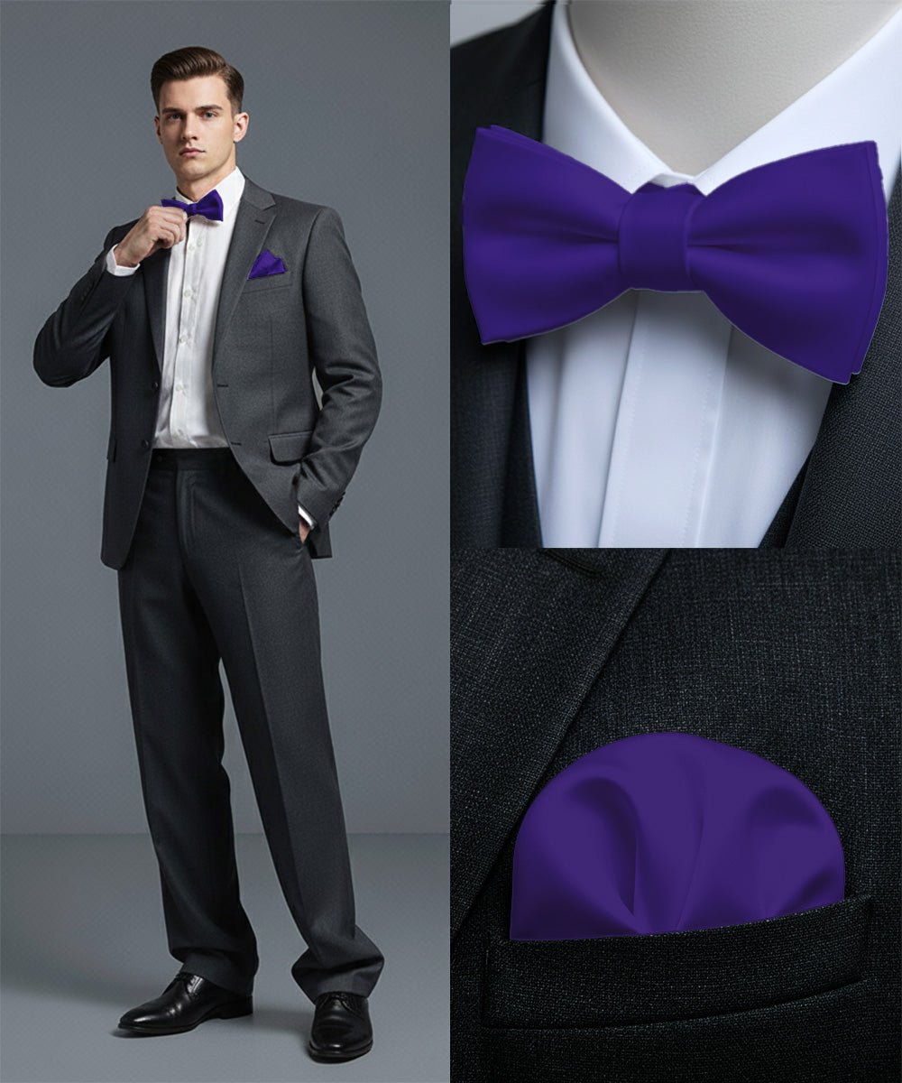 Vittorio Farina Men's Satin Self Tie Bow Tie & Pocket Square in Gift Box - Purple - Bow Tie & Pocket Square - Vittorio Farina