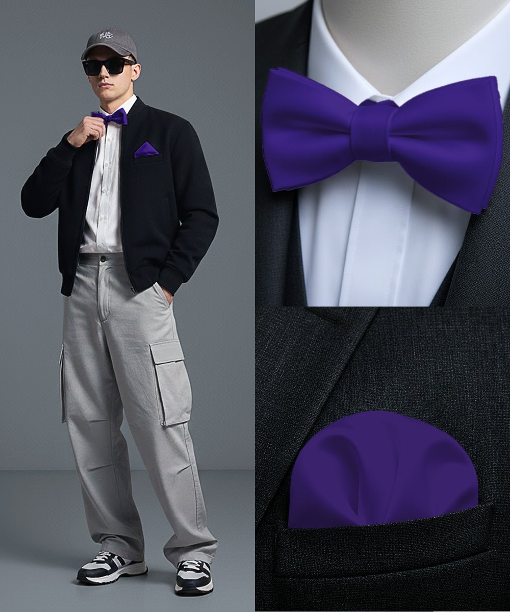 Vittorio Farina Men's Satin Self Tie Bow Tie & Pocket Square in Gift Box - Purple - Bow Tie & Pocket Square - Vittorio Farina