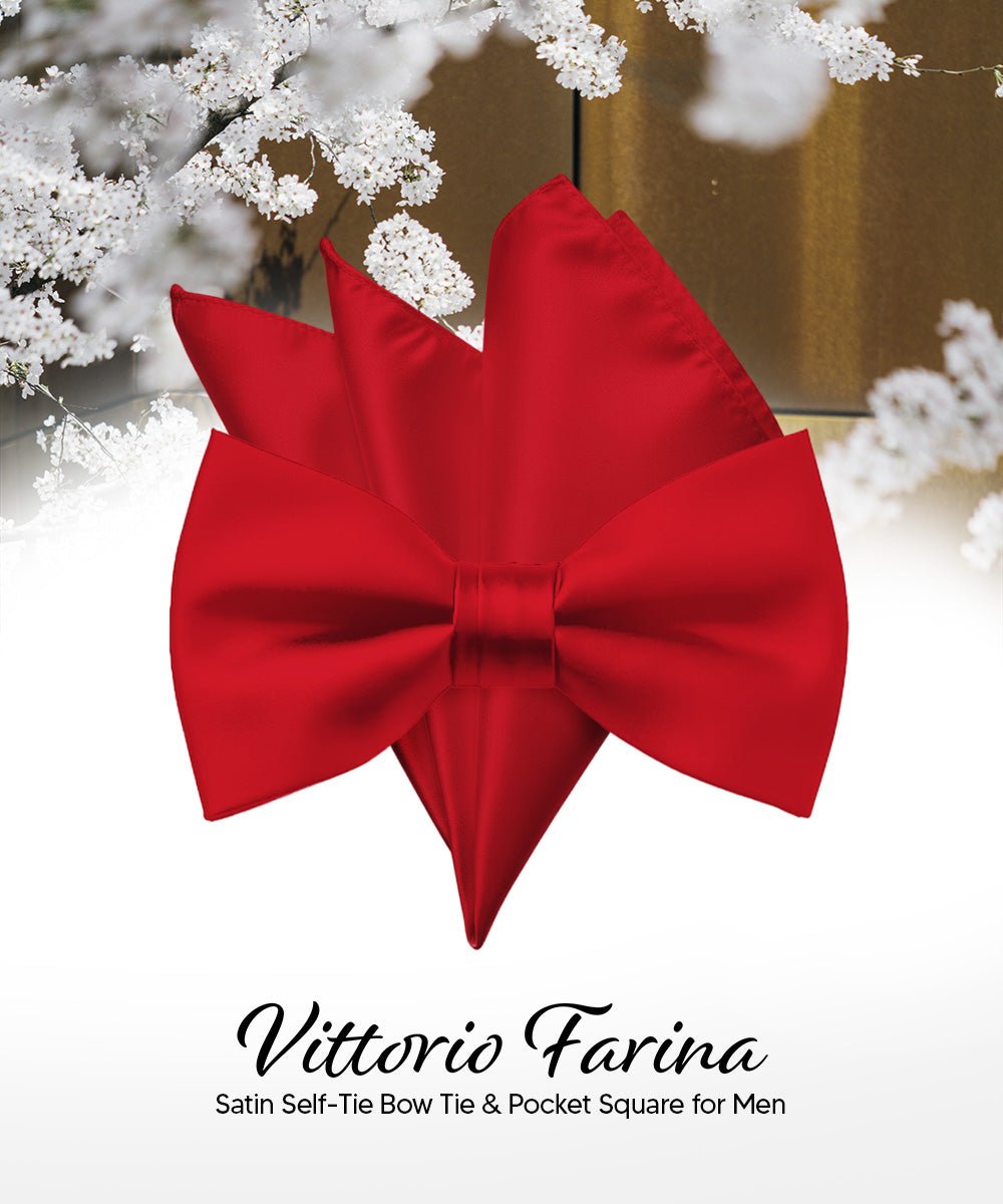 Vittorio Farina Men's Satin Self Tie Bow Tie & Pocket Square in Gift Box - Red - Bow Tie & Pocket Square - Vittorio Farina