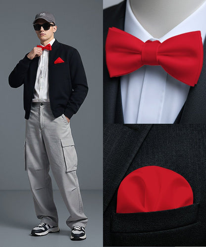 Vittorio Farina Men's Satin Self Tie Bow Tie & Pocket Square in Gift Box - Red - Bow Tie & Pocket Square - Vittorio Farina