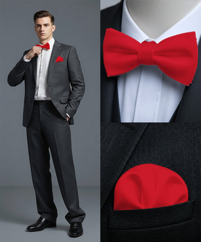 Vittorio Farina Men's Satin Self Tie Bow Tie & Pocket Square in Gift Box - Red - Bow Tie & Pocket Square - Vittorio Farina