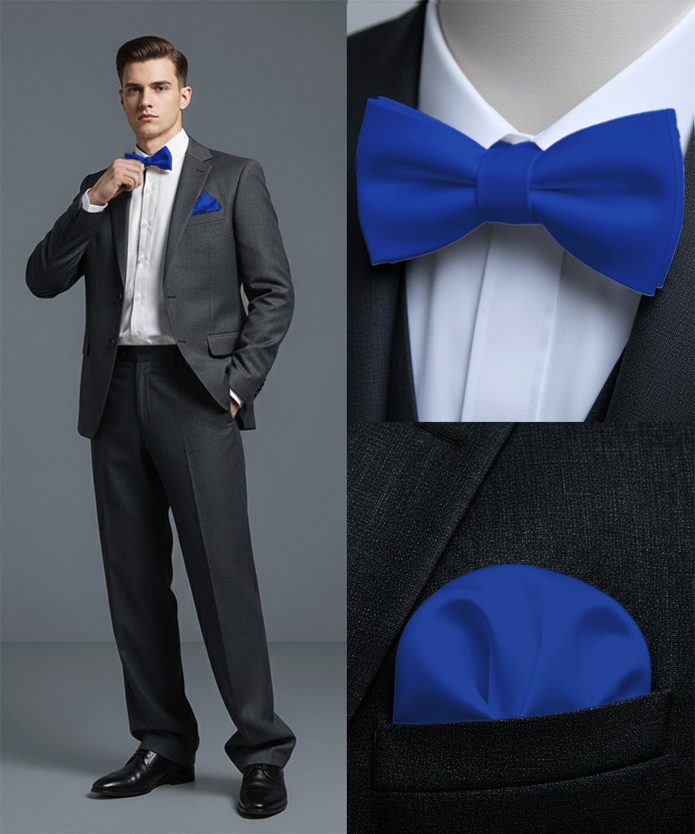Vittorio Farina Men's Satin Self Tie Bow Tie & Pocket Square in Gift Box - Royal Blue - Bow Tie & Pocket Square - Vittorio Farina