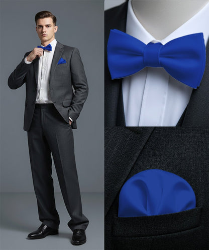 Vittorio Farina Men's Satin Self Tie Bow Tie & Pocket Square in Gift Box - Royal Blue - Bow Tie & Pocket Square - Vittorio Farina