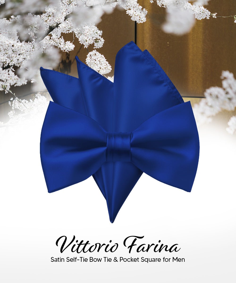 Vittorio Farina Men's Satin Self Tie Bow Tie & Pocket Square in Gift Box - Royal Blue - Bow Tie & Pocket Square - Vittorio Farina