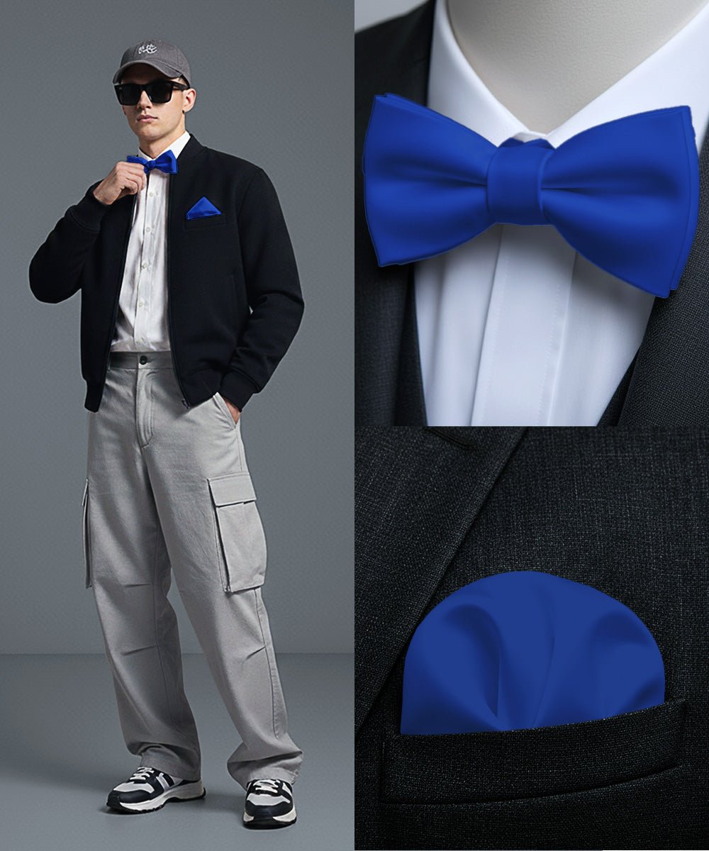Vittorio Farina Men's Satin Self Tie Bow Tie & Pocket Square in Gift Box - Royal Blue - Bow Tie & Pocket Square - Vittorio Farina