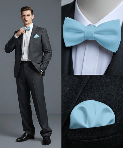 Vittorio Farina Men's Satin Self Tie Bow Tie & Pocket Square in Gift Box - Sky - Bow Tie & Pocket Square - Vittorio Farina