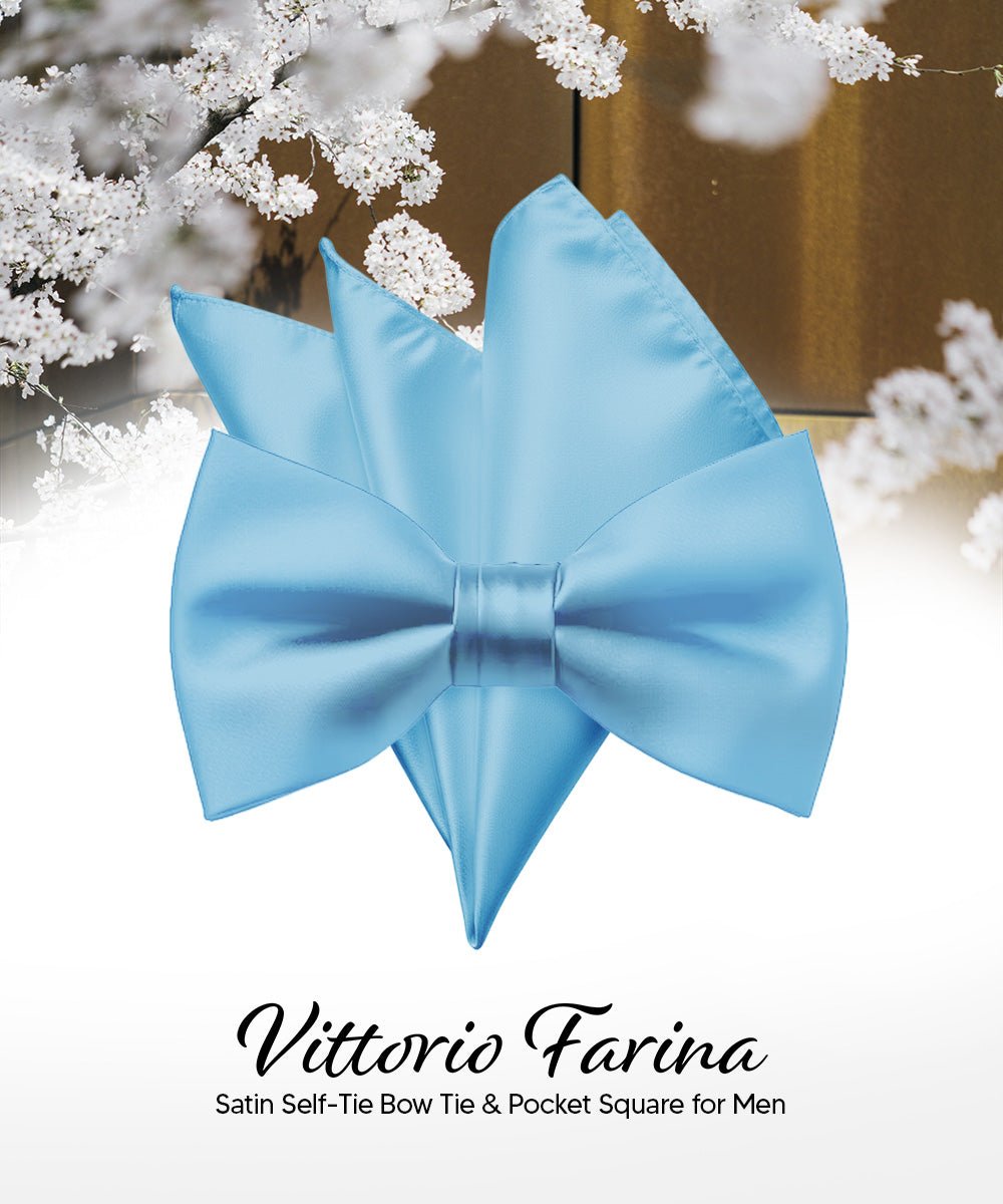 Vittorio Farina Men's Satin Self Tie Bow Tie & Pocket Square in Gift Box - Sky - Bow Tie & Pocket Square - Vittorio Farina