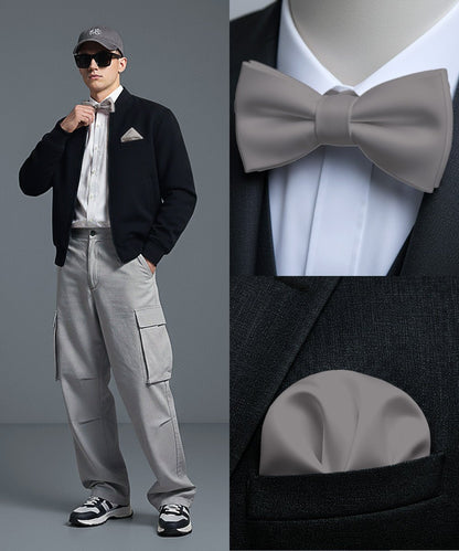 Vittorio Farina Men's Satin Self Tie Bow Tie & Pocket Square in Gift Box - Sliver - Bow Tie & Pocket Square - Vittorio Farina
