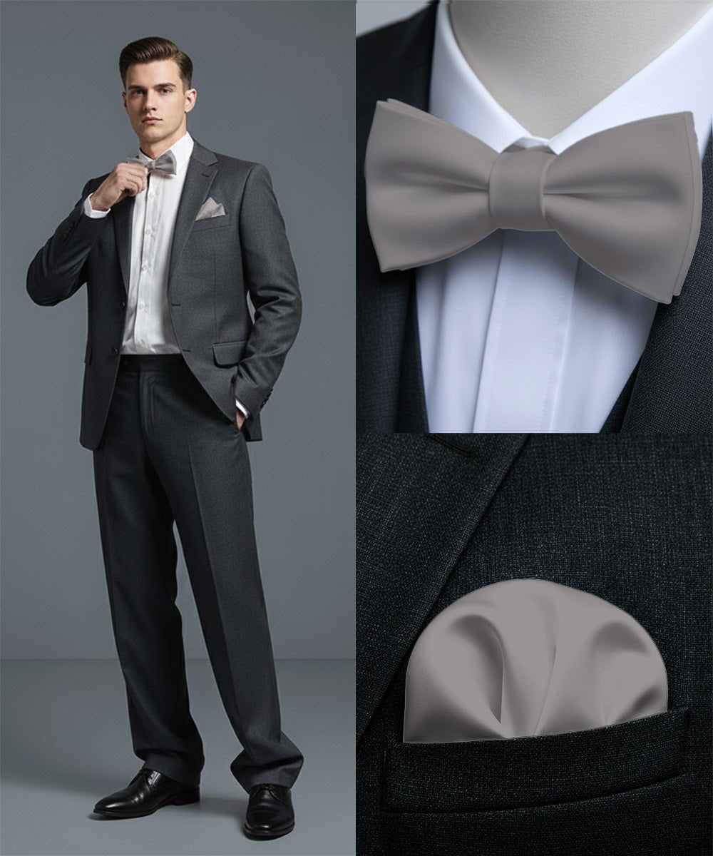 Vittorio Farina Men's Satin Self Tie Bow Tie & Pocket Square in Gift Box - Sliver - Bow Tie & Pocket Square - Vittorio Farina
