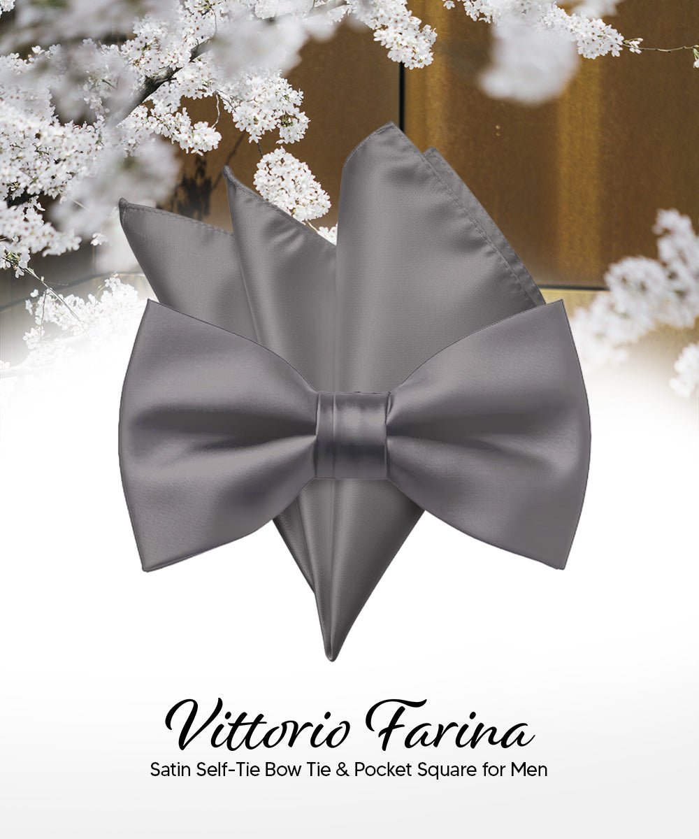 Vittorio Farina Men's Satin Self Tie Bow Tie & Pocket Square in Gift Box - Sliver - Bow Tie & Pocket Square - Vittorio Farina