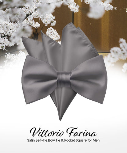 Vittorio Farina Men's Satin Self Tie Bow Tie & Pocket Square in Gift Box - Sliver - Bow Tie & Pocket Square - Vittorio Farina