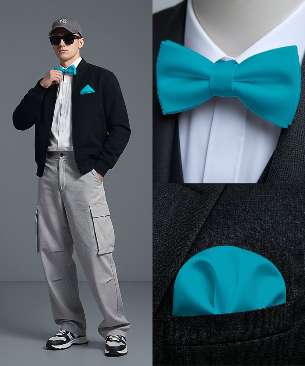 Vittorio Farina Men's Satin Self Tie Bow Tie & Pocket Square in Gift Box - Turquoise - Bow Tie & Pocket Square - Vittorio Farina