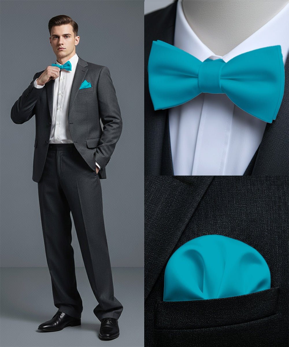 Vittorio Farina Men's Satin Self Tie Bow Tie & Pocket Square in Gift Box - Turquoise - Bow Tie & Pocket Square - Vittorio Farina