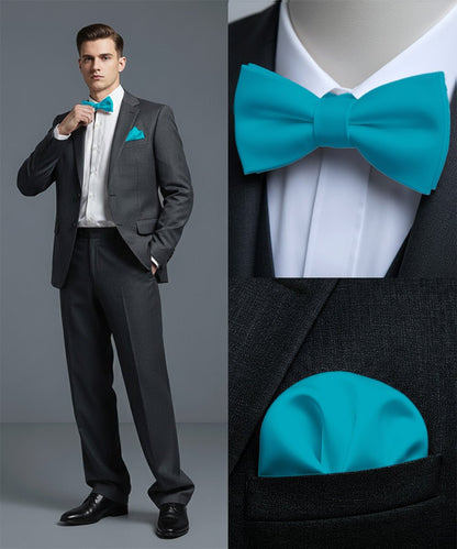 Vittorio Farina Men's Satin Self Tie Bow Tie & Pocket Square in Gift Box - Turquoise - Bow Tie & Pocket Square - Vittorio Farina