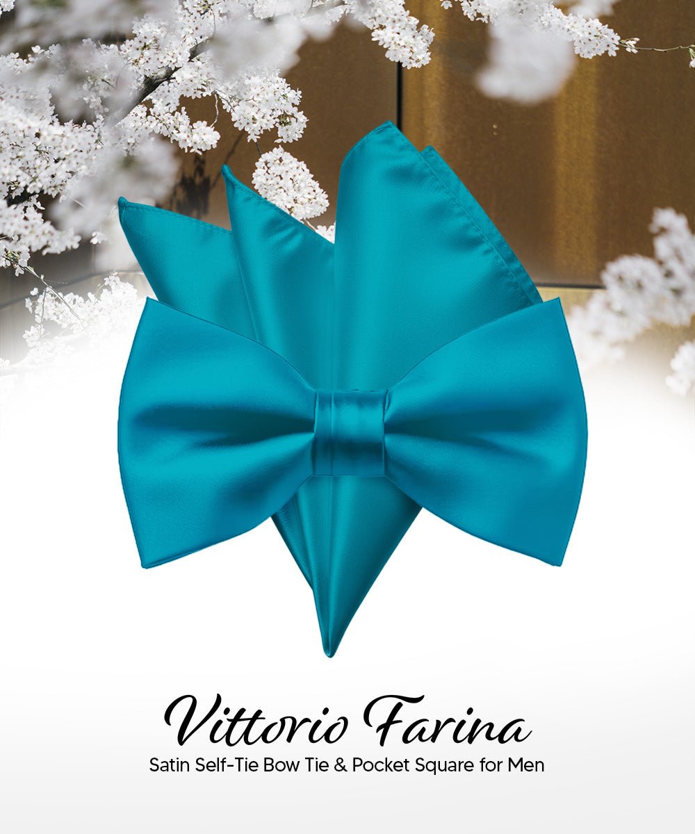 Vittorio Farina Men's Satin Self Tie Bow Tie & Pocket Square in Gift Box - Turquoise - Bow Tie & Pocket Square - Vittorio Farina