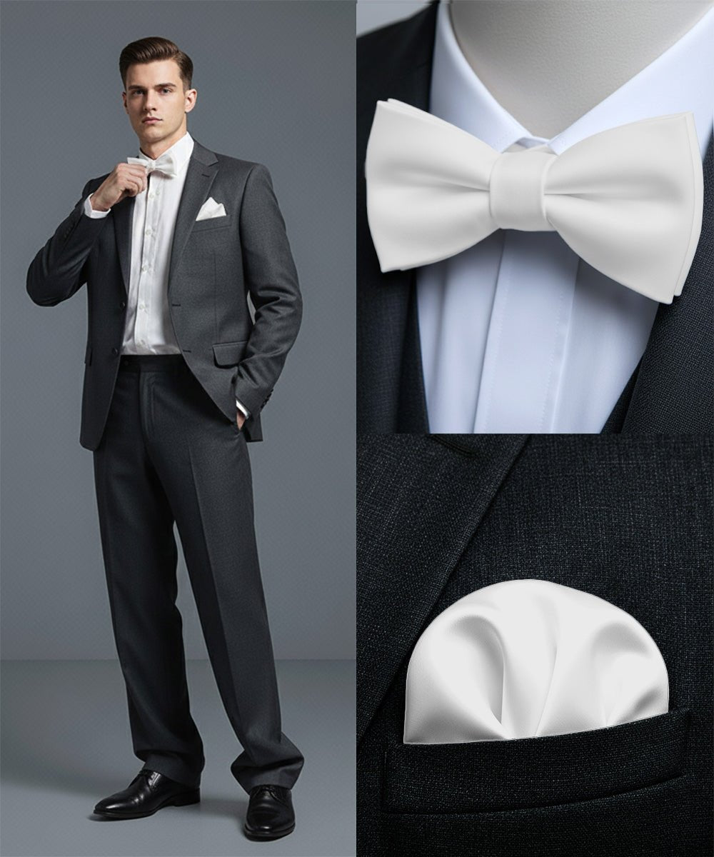 Vittorio Farina Men's Satin Self Tie Bow Tie & Pocket Square in Gift Box - White - Bow Tie & Pocket Square - Vittorio Farina