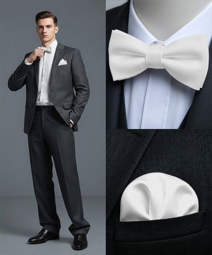 Vittorio Farina Men's Satin Self Tie Bow Tie & Pocket Square in Gift Box - White - Bow Tie & Pocket Square - Vittorio Farina