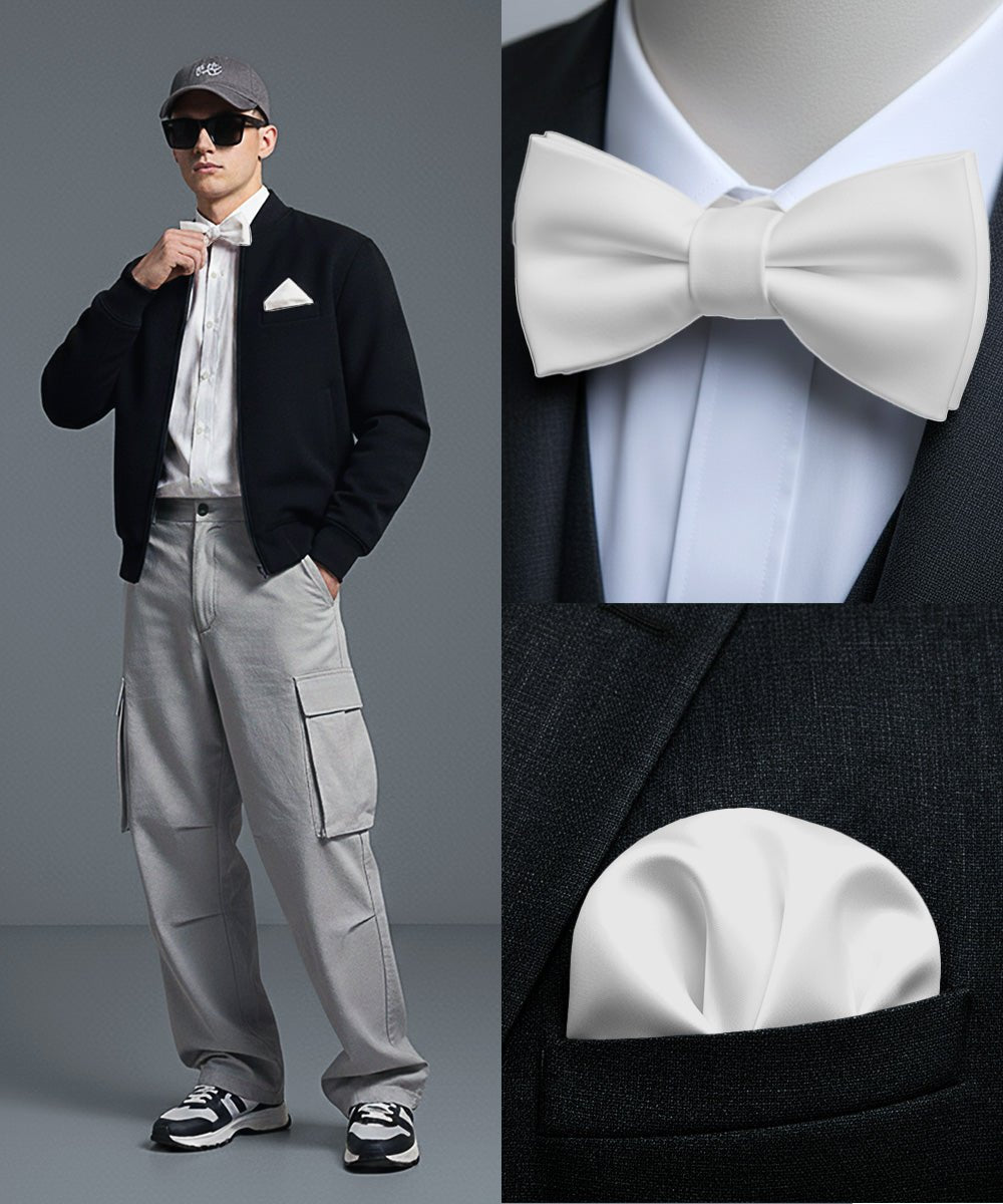 Vittorio Farina Men's Satin Self Tie Bow Tie & Pocket Square in Gift Box - White - Bow Tie & Pocket Square - Vittorio Farina