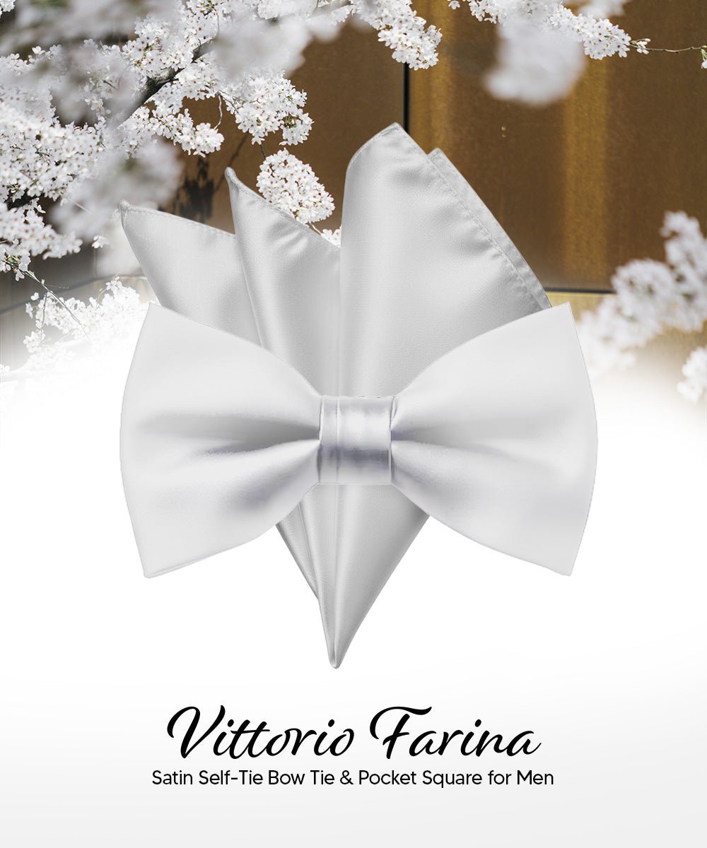 Vittorio Farina Men's Satin Self Tie Bow Tie & Pocket Square in Gift Box - White - Bow Tie & Pocket Square - Vittorio Farina