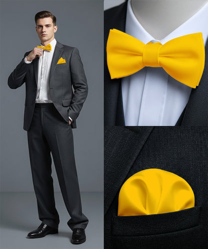 Vittorio Farina Men's Satin Self Tie Bow Tie & Pocket Square in Gift Box - Yellow - Bow Tie & Pocket Square - Vittorio Farina