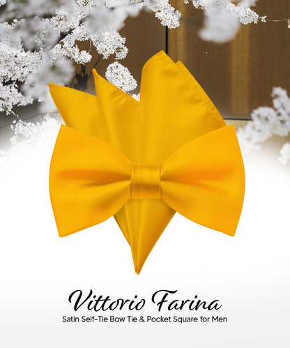 Vittorio Farina Men's Satin Self Tie Bow Tie & Pocket Square in Gift Box - Yellow - Bow Tie & Pocket Square - Vittorio Farina