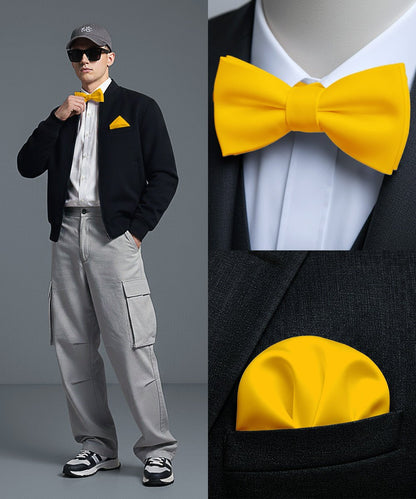 Vittorio Farina Men's Satin Self Tie Bow Tie & Pocket Square in Gift Box - Yellow - Bow Tie & Pocket Square - Vittorio Farina