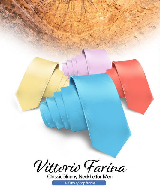 Vittorio Farina Men's Satin Skinny Necktie (Multipack) - Aqua/Coral/Maize/Lavender - Necktie - Vittorio Farina