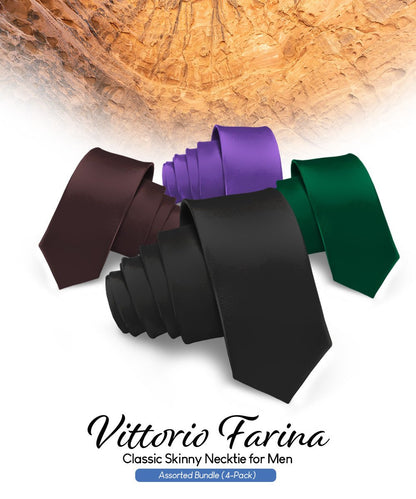 Vittorio Farina Men's Satin Skinny Necktie (Multipack) - Black/Brown/Hunter Green/Purple - Necktie - Vittorio Farina