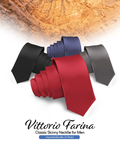 Vittorio Farina Men's Satin Skinny Necktie (Multipack) - Black/Burgundy/Charcoal/Navy Blue - Necktie - Vittorio Farina