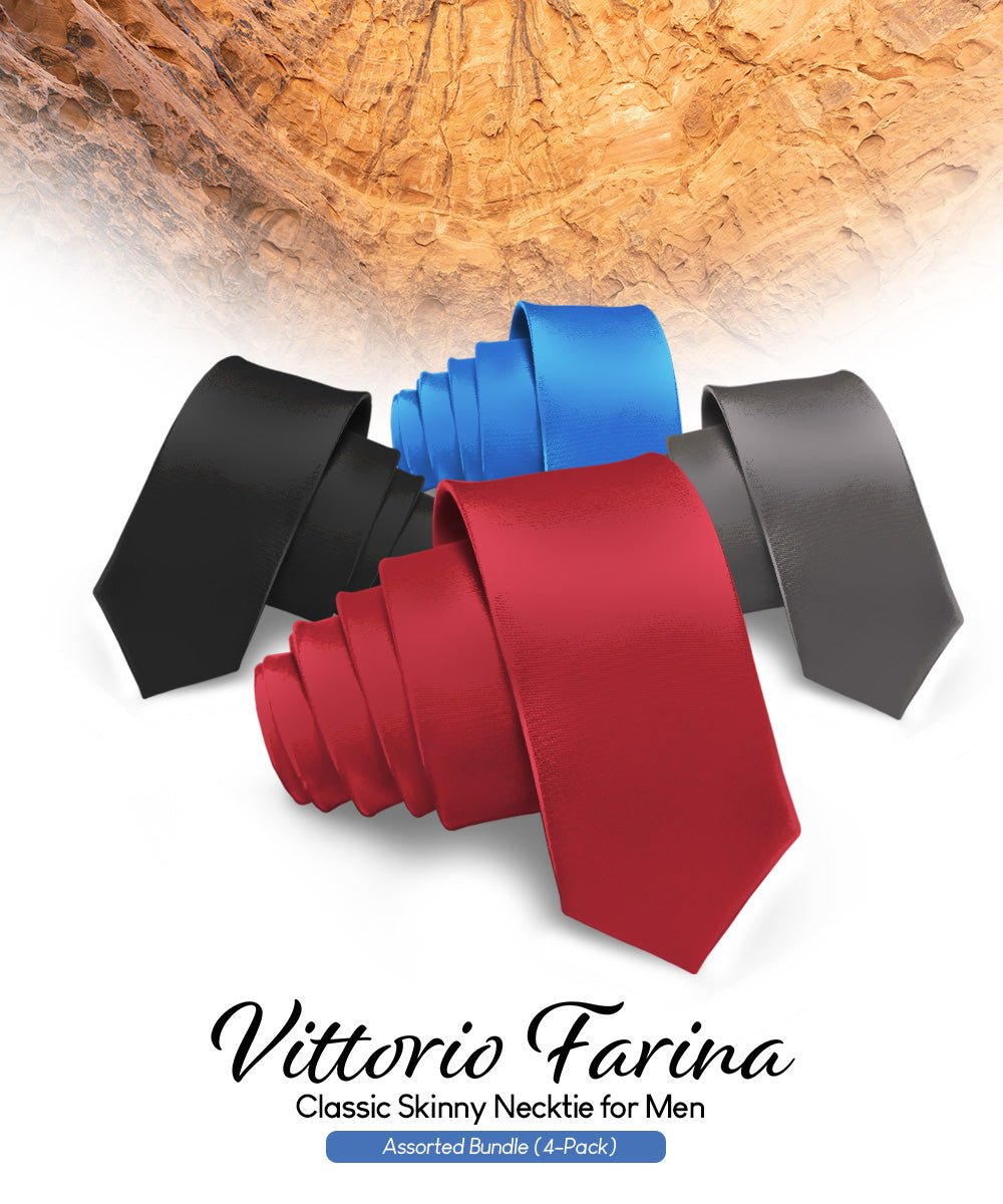 Vittorio Farina Men's Satin Skinny Necktie (Multipack) - Black/Burgundy/Charcoal/Royal Blue - Necktie - Vittorio Farina