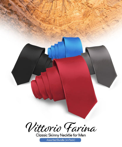 Vittorio Farina Men's Satin Skinny Necktie (Multipack) - Black/Burgundy/Charcoal/Royal Blue - Necktie - Vittorio Farina