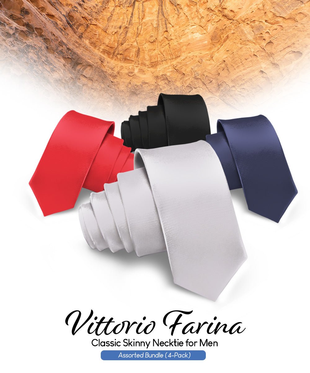 Vittorio Farina Men's Satin Skinny Necktie (Multipack) - Black/Navy Blue/Red/Silver - Necktie - Vittorio Farina